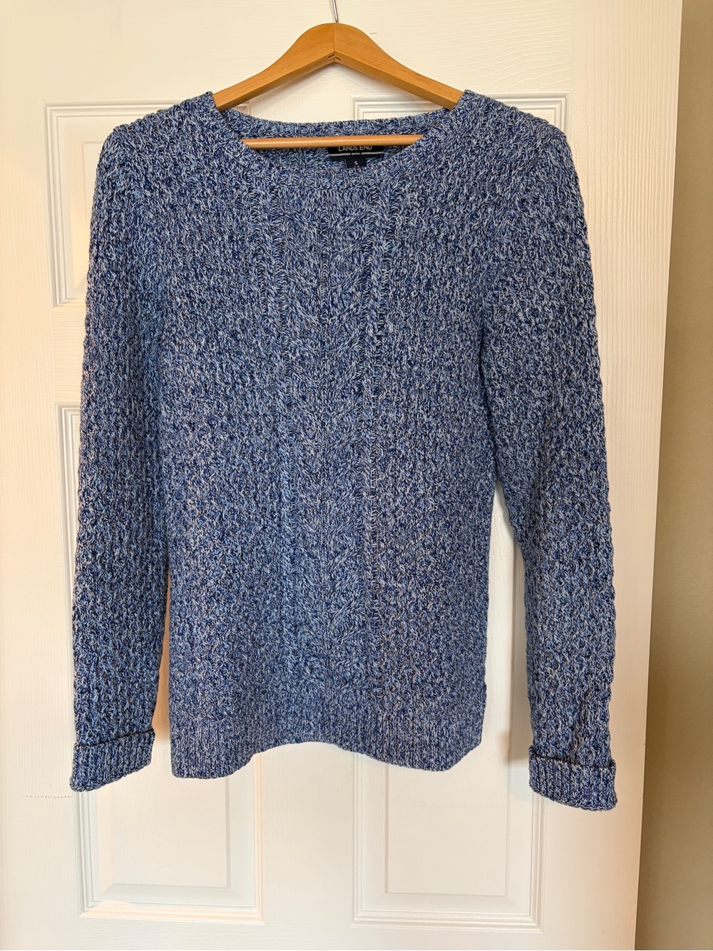 Lands’ End Drifter Cable Knit Sweater S Blue Cotton Norwegian Rustic AA1
